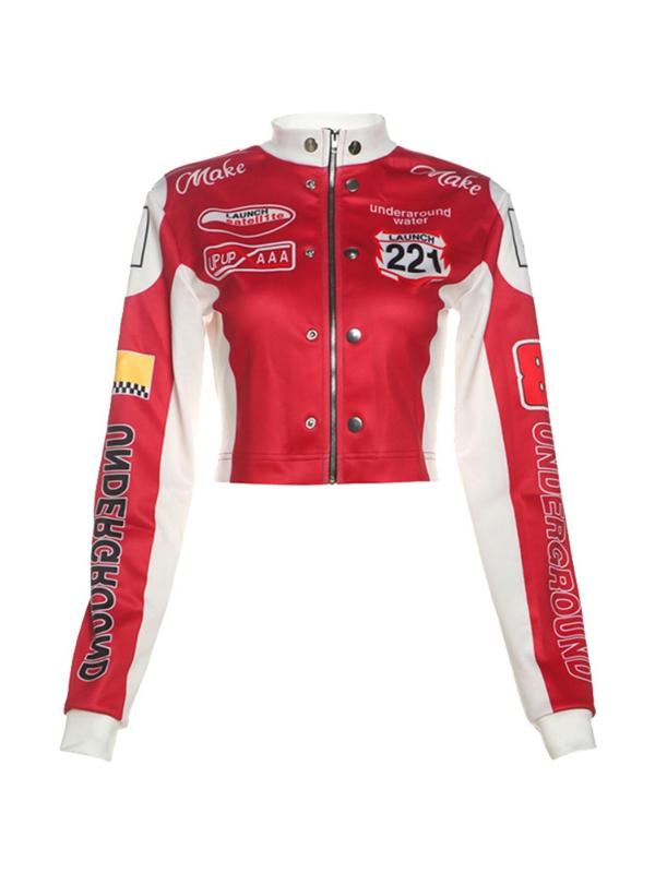 Women's Colorblock Letter Print Zip Up Crop Jacket, Casual Long Sleeve Stand Collar Outerwear for Daily Wear, Ladies Clothes for All Seasons