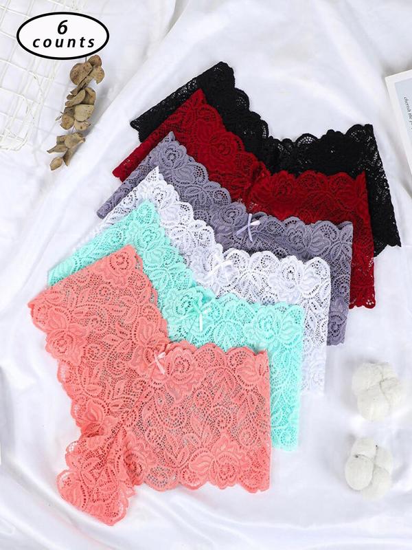 Women's Bow Decor Scallop Trim Lace Panties, Soft Comfy Breathable Knicker for Daily Wear, Ladies Underwear for All Seasons, Underwear for Women, Summer Clothes for Women, Fall Wear, Fallfreshness, Fall Clothes, Birthday Wear Black Girl