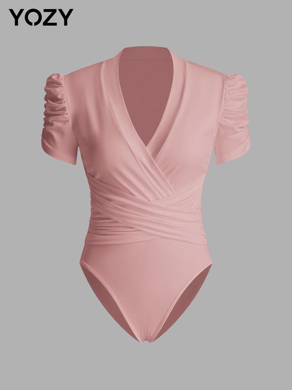 YOZY [4 Colors, Size 4-14] Plain Wrap V Neck Puff Sleeve Ruched Bodysuit  Elegant Criss Cross Bodysuit, Basic Minimalist Womenswear, 2024 Women's Summer Outfits for Daily Wear, [S-XXL]