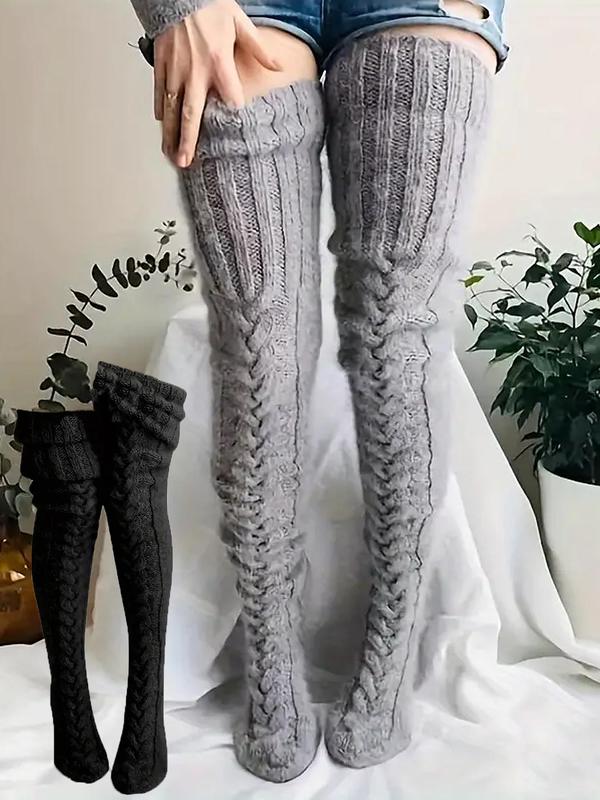 Women's Solid Textured Over The Knee Socks, Casual Warm Comfy Thigh High Socks for Fall & Winter, Women's Long Socks for Daily Wear, Fluffy Pajamas