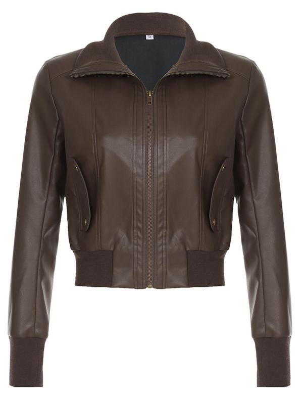 Women's Solid Zipper Faux Leather Jacket, Casual Long Sleeve Collared Outerwear for Fall & Winter, Ladies Clothes for Daily Wear