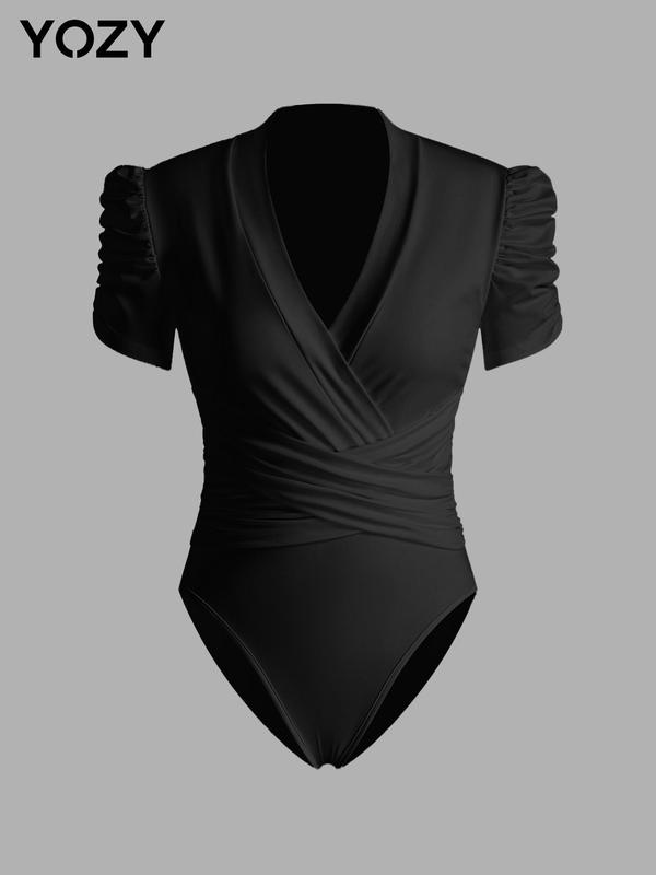 YOZY [4 Colors, Size 4-14] Plain Wrap V Neck Puff Sleeve Ruched Bodysuit  Elegant Criss Cross Bodysuit, Basic Minimalist Womenswear, 2024 Women's Summer Outfits for Daily Wear, [S-XXL]