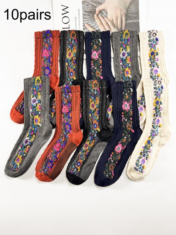 Women's Floral Print Textured Crew Socks, Vintage Casual Comfy Mid-calf Socks for Fall & Winter, Women's Socks for Daily Wear