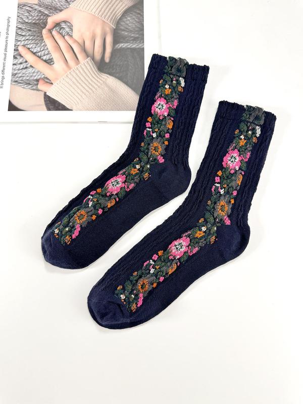 Women's Floral Print Textured Crew Socks, Vintage Casual Comfy Mid-calf Socks for Fall & Winter, Women's Socks for Daily Wear