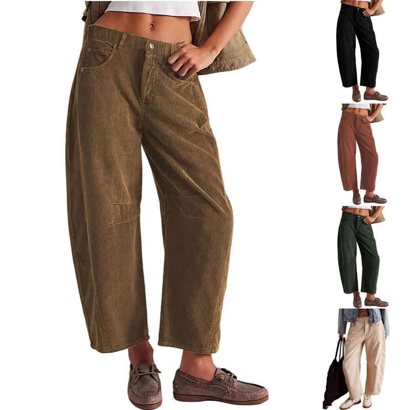 Yeokou Women's Corduroy Pants Barrel Mid-Rise Elastic Waist Cord Pants Casual Wide Leg Baggy Trouser with Pockets