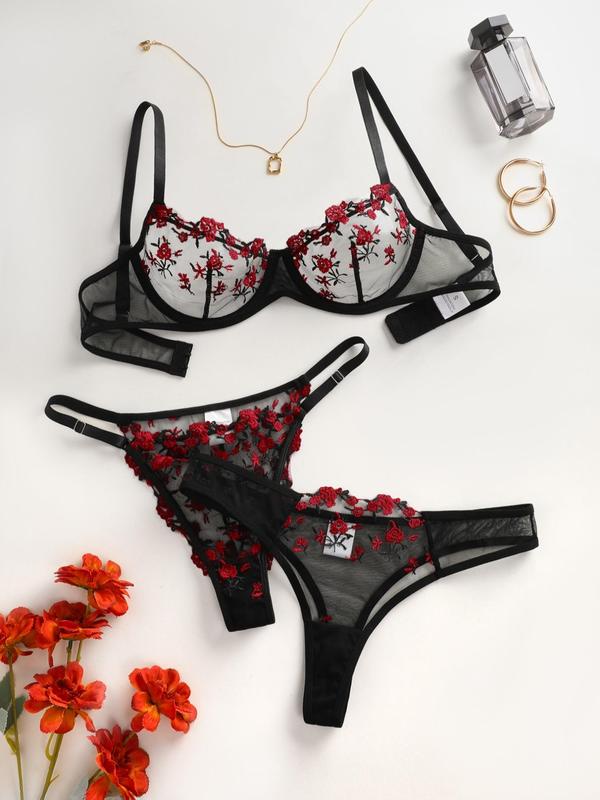 Women's 3pcs Ditsy Floral Embroidery Contrast Mesh Sheer Sexy Lingerie Set, Romantic Sexy Push Up Bra & Thong & G-string Lingerie Set for All Seasons, Soft Comfy Breathable Lingerie Set for Women
