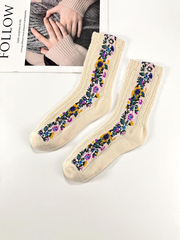 Women's Floral Print Textured Crew Socks, Vintage Casual Comfy Mid-calf Socks for Fall & Winter, Women's Socks for Daily Wear