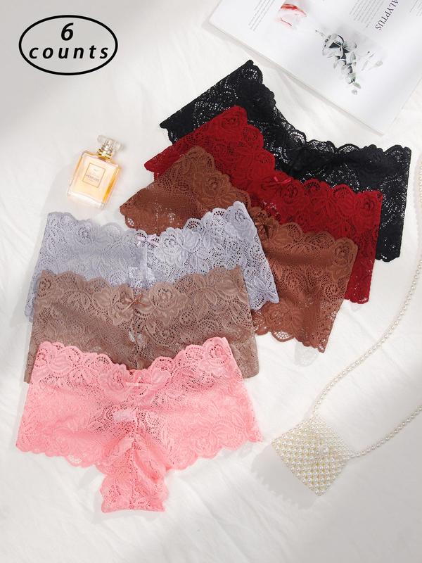 Women's Bow Decor Scallop Trim Lace Panties, Soft Comfy Breathable Knicker for Daily Wear, Ladies Underwear for All Seasons, Underwear for Women, Summer Clothes for Women, Fall Wear, Fallfreshness, Fall Clothes, Birthday Wear Black Girl