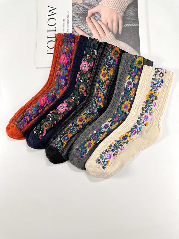 Women's Floral Print Textured Crew Socks, Vintage Casual Comfy Mid-calf Socks for Fall & Winter, Women's Socks for Daily Wear