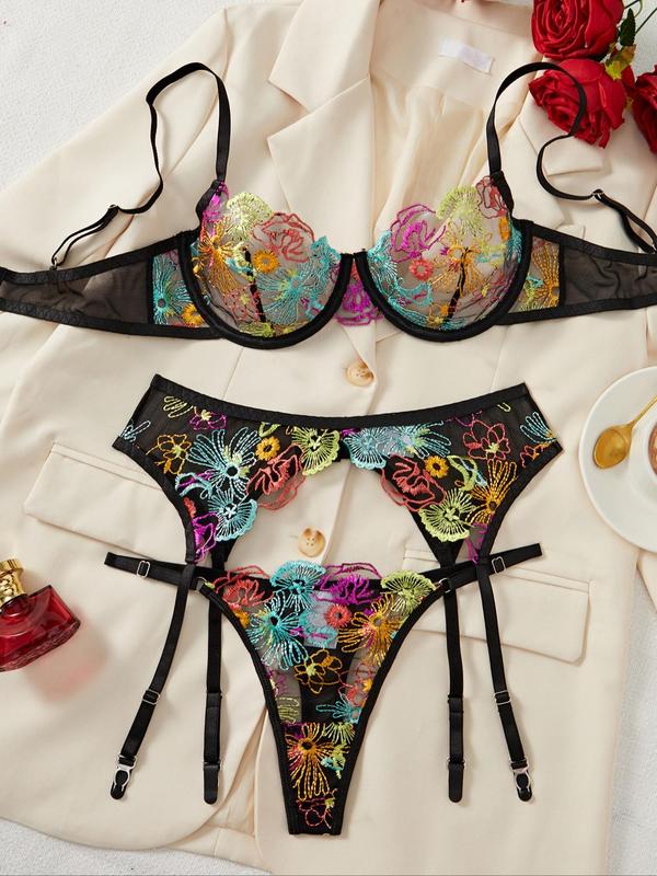 Women's Floral Embroidery Bra & Panty & Garter Belt Three-piece Set, Adjustable Strap Push Up Bra & Panty & Garter Belt Set, Lingerie Set for Women