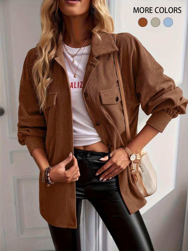 Women's Solid Button Front Long Sleeve Corduroy Jacket, Casual Drop Shoulder Outerwear for Fall & Winter, Ladies Clothes for Daily Wear, Downtown Girl Clothes
