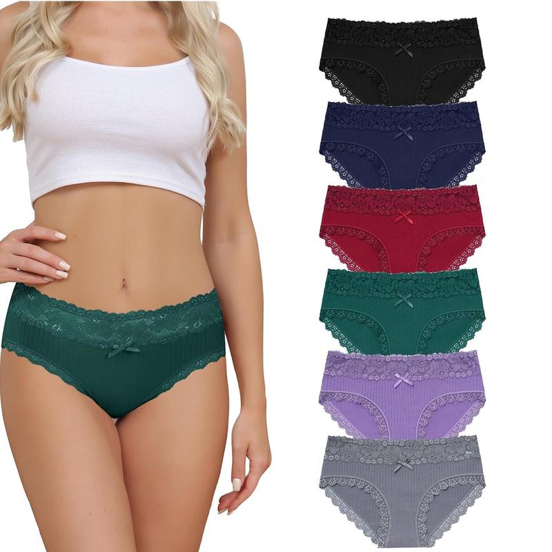 LEVAO Cotton Underwear for Women Breathable Lace Low Rise Bikini Panties Women's Hipster Underpants S-XL 6 Pack