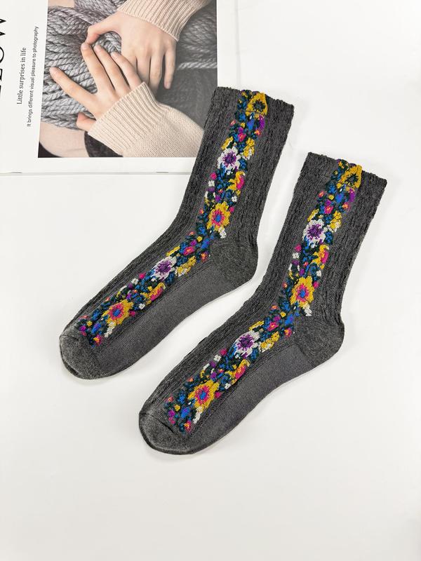 Women's Floral Print Textured Crew Socks, Vintage Casual Comfy Mid-calf Socks for Fall & Winter, Women's Socks for Daily Wear