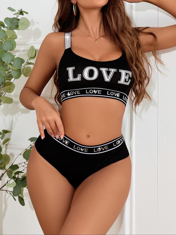 Women's Letter Tape Criss Cross Backless Bra & Panty Two-piece Set, Backless Bra & Panty, Lingerie Set for Women