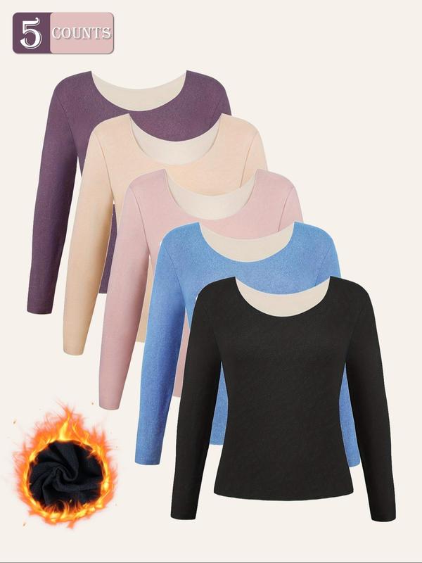 Women's Solid Thermal Lined Underwear Top, Casual Comfy Warm Long Sleeve Top for Fall & Winter, Women's Underwear for Daily Wear