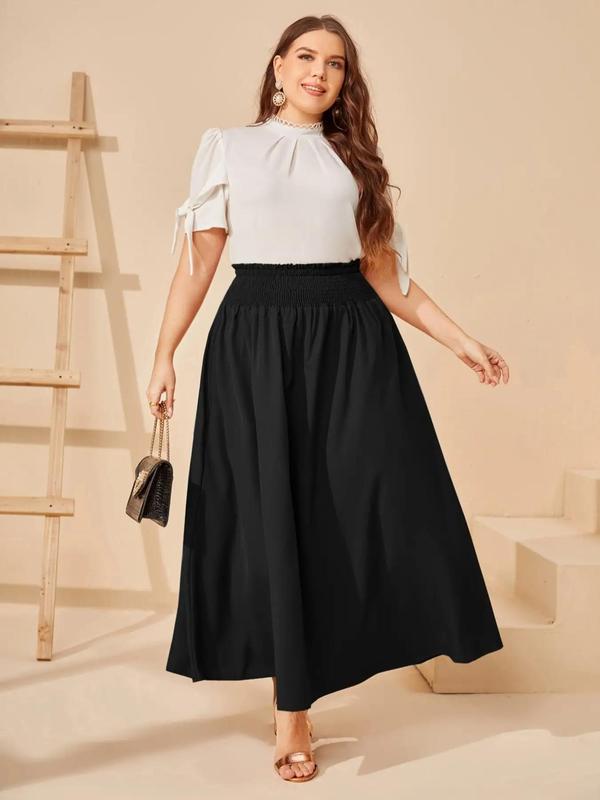 Plus Size High Waist Shirred Long A Line Skirt, Summer Clothes Women, Women's Elegant High Waist A-line Bottoms, Casual Fall Clothes for Daily Wear
