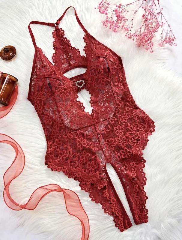 Women's Floral Lace Scallop Trim Cut Out Sheer Crotchless Sexy Lingerie Wear, Bow Front Rhinestone Heart Decor Sleeveless Bodysuit, Ladies Clothes, Women Sexy Lingerie, Bodysuit for Women Basic Womenswear Backless Costume Modest Fitted Womenswear Backless
