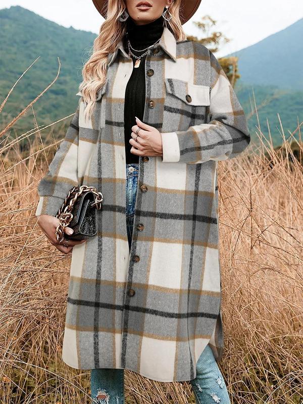 Coolcool exclusive Women's Plaid Print Button Front Split Side 3 4 Sleeve Warm Coat for Spring, Lady Casual Comfort Loose Drop Shoulder Collared Outerwear, Womenswear, Women's Fall Clothes, Winter Cloths Women, Fall Outfits, Downtown Girl Clothes