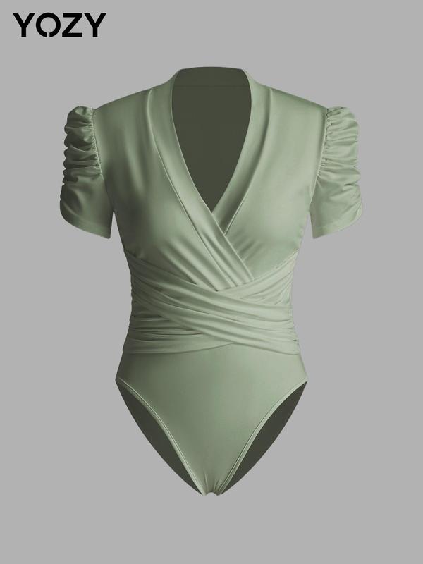 YOZY [4 Colors, Size 4-14] Plain Wrap V Neck Puff Sleeve Ruched Bodysuit  Elegant Criss Cross Bodysuit, Basic Minimalist Womenswear, 2024 Women's Summer Outfits for Daily Wear, [S-XXL]