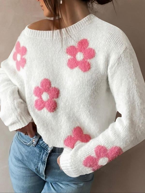 Women's Floral Print Drop Shoulder Sweater, Casual Long Sleeve Round Neck Jumper for Daily Wear, Ladies Knitwear for All Seasons