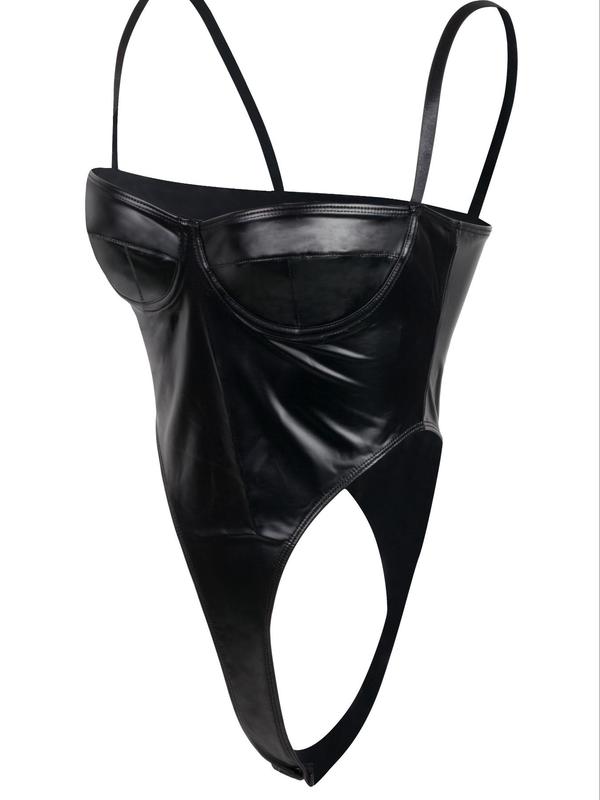 Women's Basic Solid Pu Leather Bodysuit, Summer Clothes Women, Spaghetti Strap Bodysuit for Summer, Clothes for Party Club Dating, Comfort One Piece Bodysuit