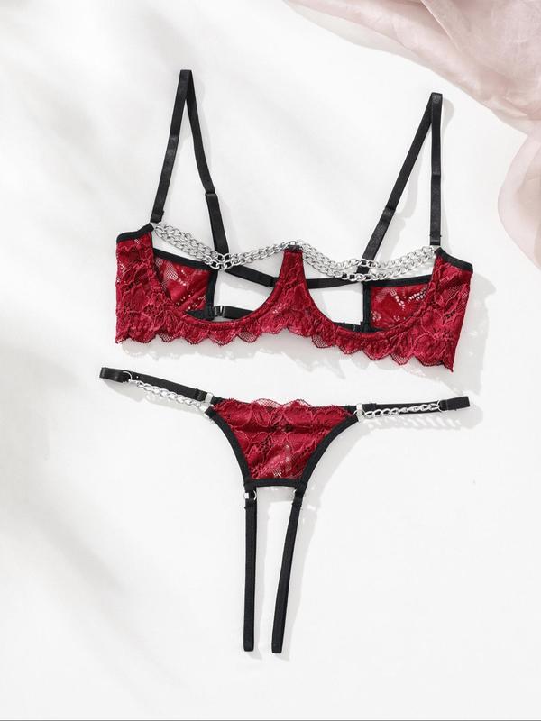 Two-Piece Set Women's Chain Decor Lace Sexy Teddy Lingerie Set, Romantic Solid Color Cut Out Push Up Bra & Open Crotch Thong Lingerie Set, Women's Lingerie & Underwear Set for All Seasons