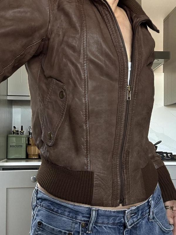 Women's Solid Zipper Faux Leather Jacket, Casual Long Sleeve Collared Outerwear for Fall & Winter, Ladies Clothes for Daily Wear
