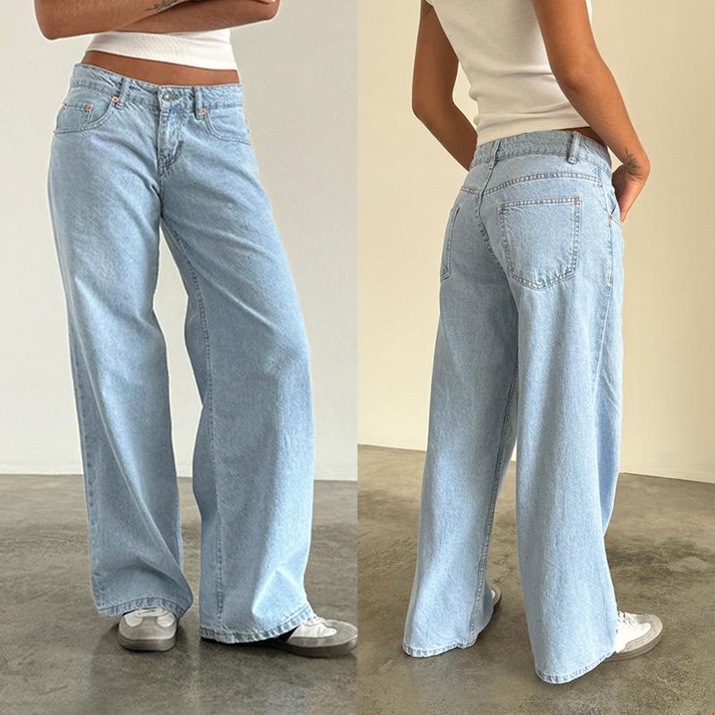 Women Jeans Low Rise Baggy Straight Wide Leg Jeans Vintage Casual Y2K Loose Boyfriend Denim Pants with Pockets