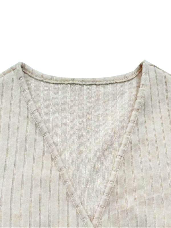 Women's Plain Textured Wrapped V Neck Crop Tee, Casual Long Sleeve Ribbed T-Shirt for Fall & Winter, Women's Clothing for Daily Wear