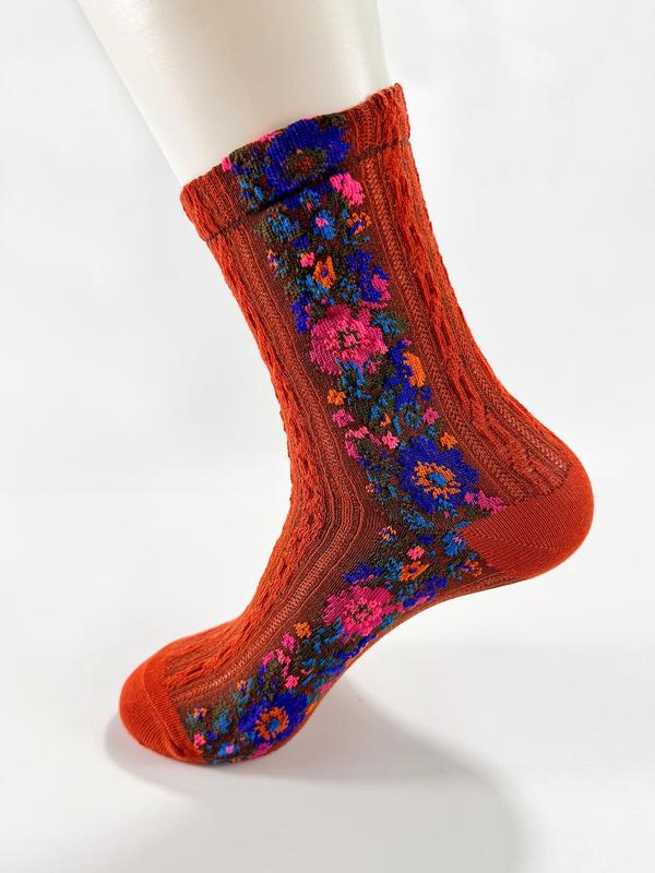 Women's Floral Print Textured Crew Socks, Vintage Casual Comfy Mid-calf Socks for Fall & Winter, Women's Socks for Daily Wear