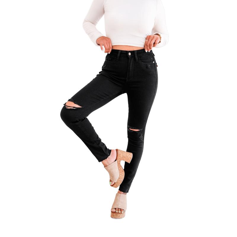 Judy Blue High Rise Black Distressed Raw Hem Skinny Jeans