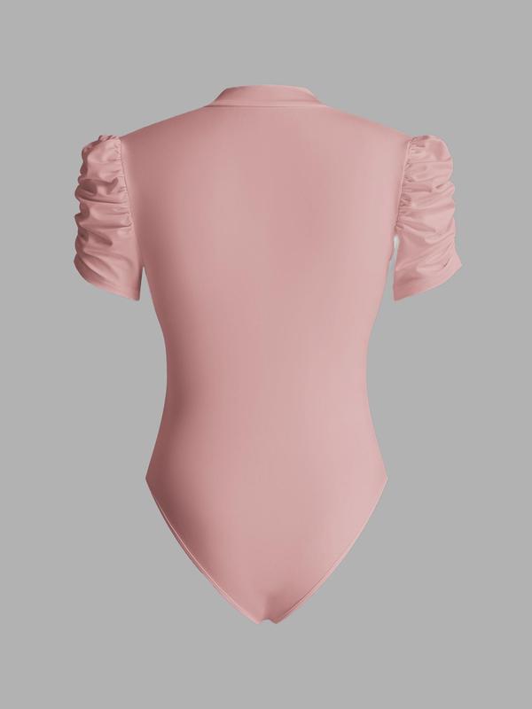YOZY [4 Colors, Size 4-14] Plain Wrap V Neck Puff Sleeve Ruched Bodysuit  Elegant Criss Cross Bodysuit, Basic Minimalist Womenswear, 2024 Women's Summer Outfits for Daily Wear, [S-XXL]