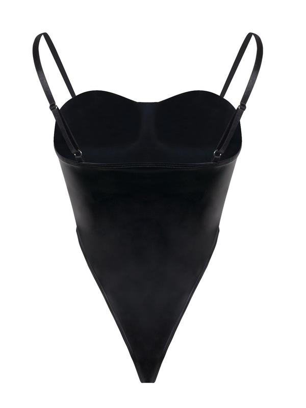 Women's Basic Solid Pu Leather Bodysuit, Summer Clothes Women, Spaghetti Strap Bodysuit for Summer, Clothes for Party Club Dating, Comfort One Piece Bodysuit