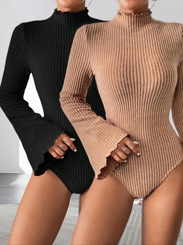 Women's Solid Lettuce Trim Flounce Sleeve Bodysuit, Casual Mock Neck Long Sleeve Ribbed Bodysuit for Fall & Winter, Ladies Clothes for Daily Wear