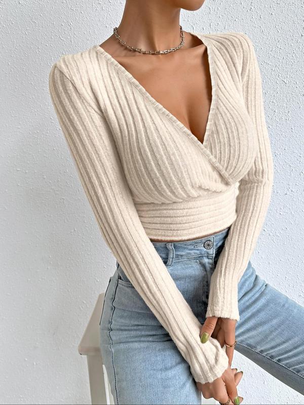 Women's Plain Textured Wrapped V Neck Crop Tee, Casual Long Sleeve Ribbed T-Shirt for Fall & Winter, Women's Clothing for Daily Wear
