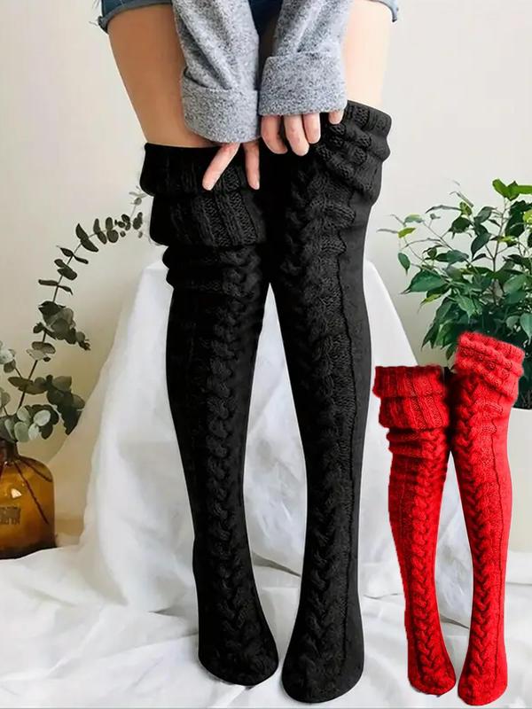 Women's Solid Textured Over The Knee Socks, Casual Warm Comfy Thigh High Socks for Fall & Winter, Women's Long Socks for Daily Wear, Fluffy Pajamas