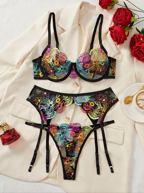 Women's Floral Embroidery Bra & Panty & Garter Belt Three-piece Set, Adjustable Strap Push Up Bra & Panty & Garter Belt Set, Lingerie Set for Women