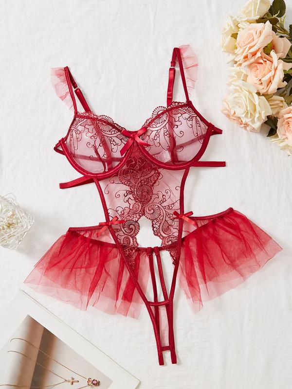 Women's Embroidery Sheer Mesh Cut Out Sexy Lingerie Bodysuit, Adjustable Strap Bow Decor Push Up Thong Bodysuit, Women's One-Piece Lingerie for All Seasons