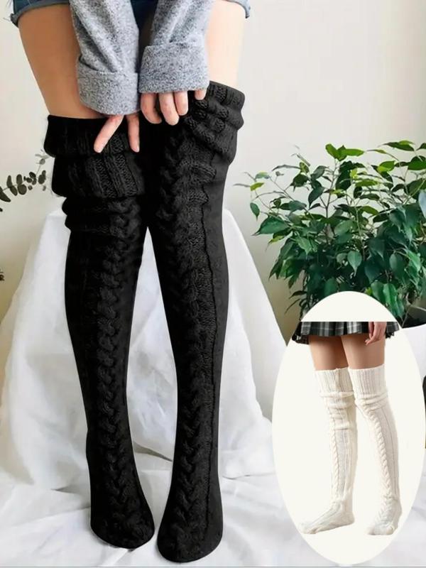Women's Solid Textured Over The Knee Socks, Casual Warm Comfy Thigh High Socks for Fall & Winter, Women's Long Socks for Daily Wear, Fluffy Pajamas