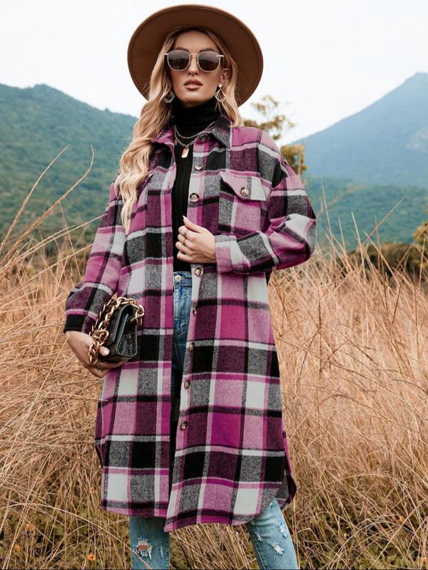 Coolcool exclusive Women's Plaid Print Button Front Split Side 3 4 Sleeve Warm Coat for Spring, Lady Casual Comfort Loose Drop Shoulder Collared Outerwear, Womenswear, Women's Fall Clothes, Winter Cloths Women, Fall Outfits, Downtown Girl Clothes