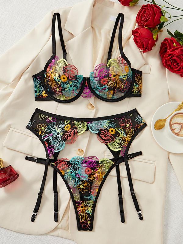 Women's Floral Embroidery Bra & Panty & Garter Belt Three-piece Set, Adjustable Strap Push Up Bra & Panty & Garter Belt Set, Lingerie Set for Women