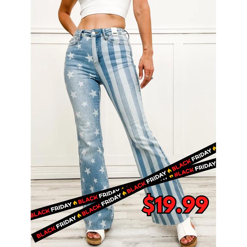Judy Blue Hi-Rise Stars and Stripes Bleach Discharge Flare Denim Jeans