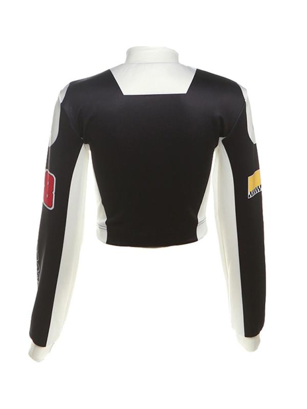 Women's Colorblock Letter Print Zip Up Crop Jacket, Casual Long Sleeve Stand Collar Outerwear for Daily Wear, Ladies Clothes for All Seasons