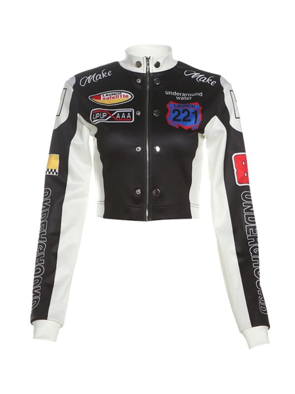 Women's Colorblock Letter Print Zip Up Crop Jacket, Casual Long Sleeve Stand Collar Outerwear for Daily Wear, Ladies Clothes for All Seasons