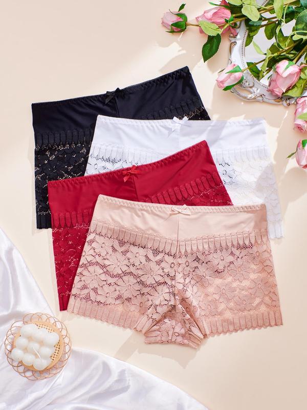 Women's 4pcs Floral Lace Bow Front Sheer Boyshorts, Soft Comfy Breathable Panty for Daily Wear, Women's Knicker for All Seasons