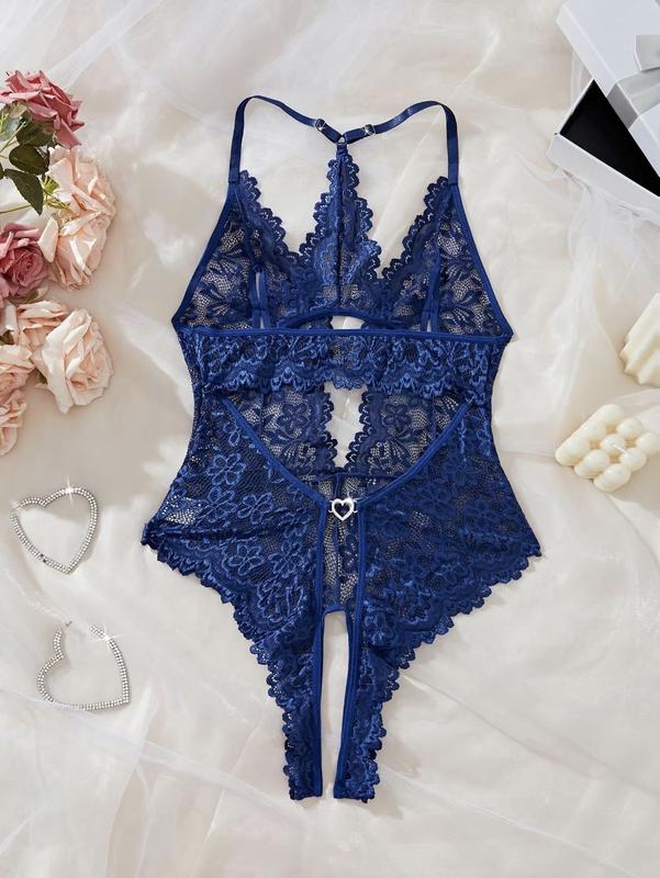 Women's Floral Lace Scallop Trim Cut Out Sheer Crotchless Sexy Lingerie Wear, Bow Front Rhinestone Heart Decor Sleeveless Bodysuit, Ladies Clothes, Women Sexy Lingerie, Bodysuit for Women Basic Womenswear Backless Costume Modest Fitted Womenswear Backless