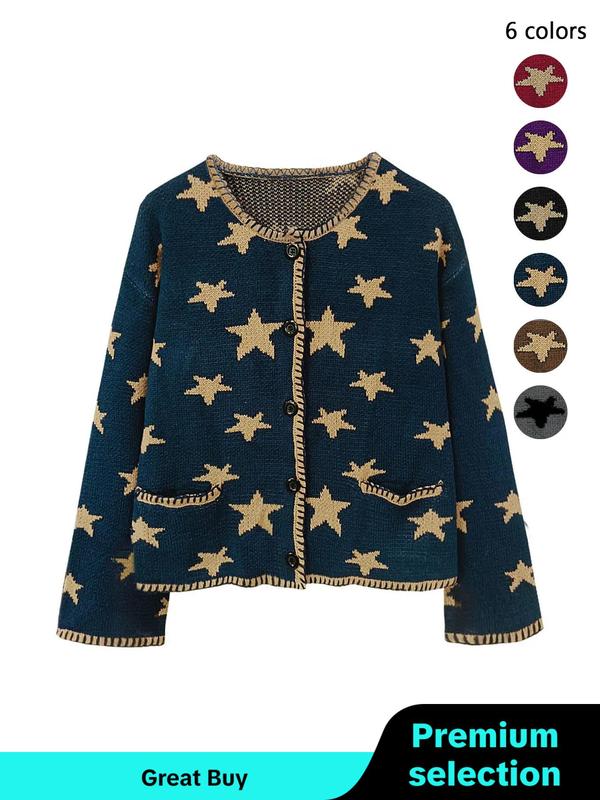 Womenswear All Over Star Print Button Front Cardigan, Boho Comfortable Drop Shoulder Long Sleeve Pocket Knitwear for Fall, Comfort Women's Knit Clothing for Daily Wear, 80s Fashion