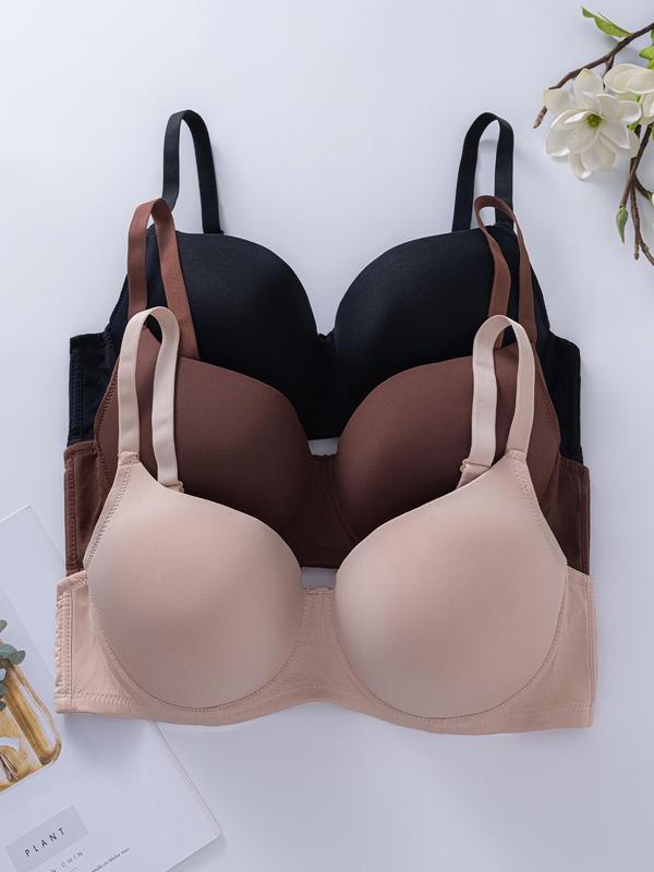  Solid Color Adjustable Strap Backless Bra, Women's Push Up Bra, Soft Comfy Breathable Underwear for Daily Wear