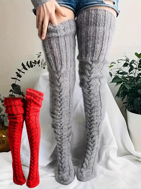 Women's Solid Textured Over The Knee Socks, Casual Warm Comfy Thigh High Socks for Fall & Winter, Women's Long Socks for Daily Wear, Fluffy Pajamas