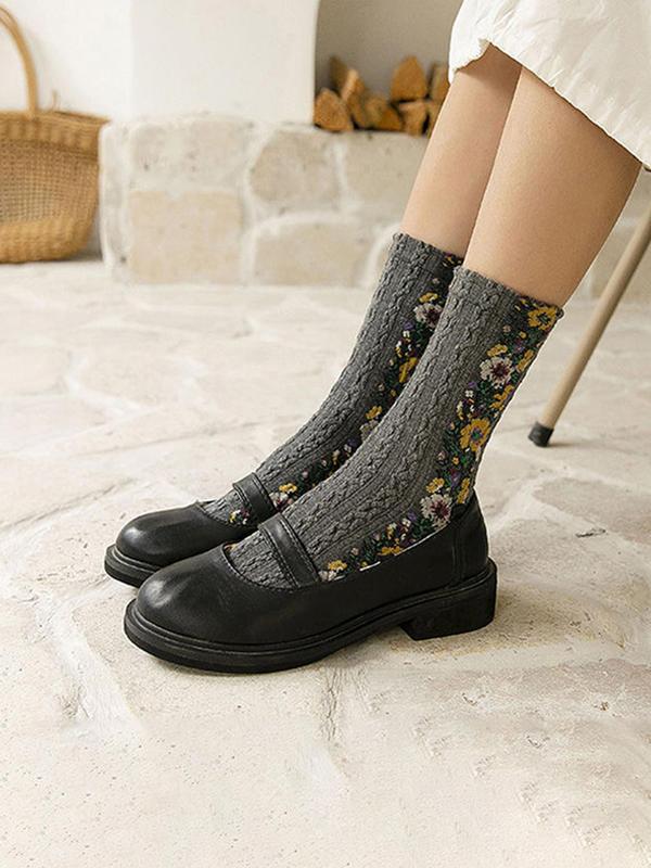 Women's Floral Print Textured Crew Socks, Vintage Casual Comfy Mid-calf Socks for Fall & Winter, Women's Socks for Daily Wear